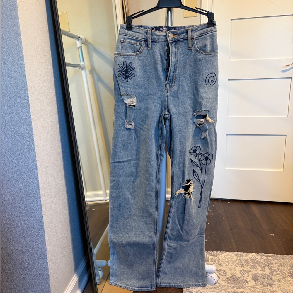 Hollister Light Blue Straight Leg Jeans with Floral Details